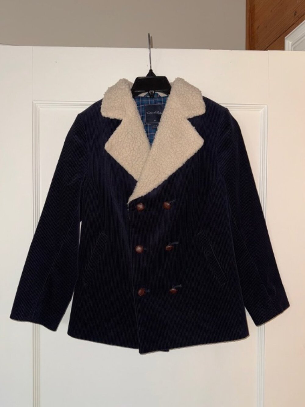 Oscar de la Renta Boys Navy Blue Corduroy Sherpa Pea Coat Sz 8